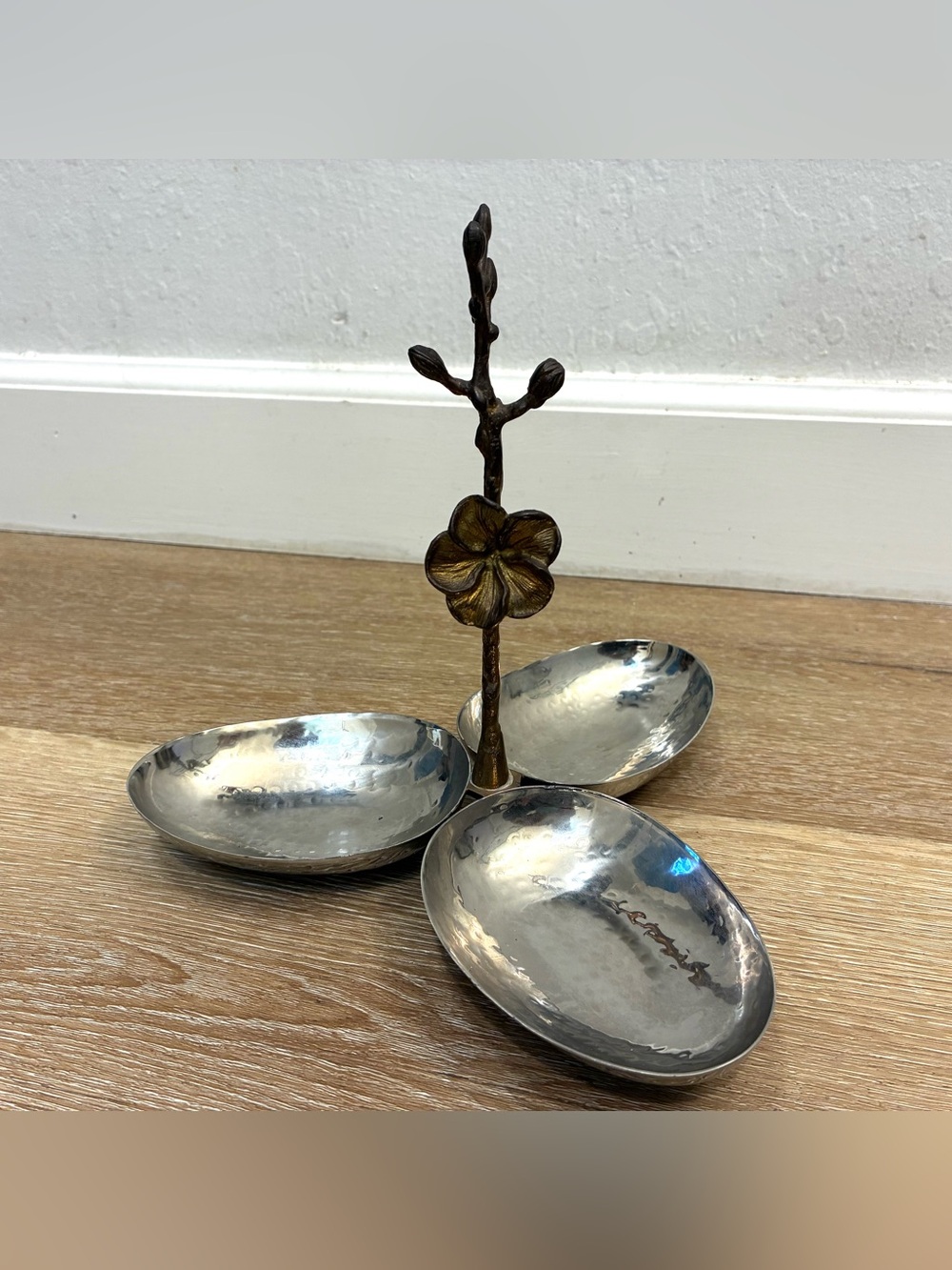 Vintage Stainless Steel 3 Section Relish Candy Nut Serving Dish Floral Handle